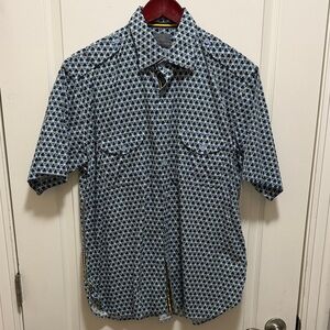 Thomas Dean Navy and Light Blue Geometric Short-Sleeve Button-Down Shirt